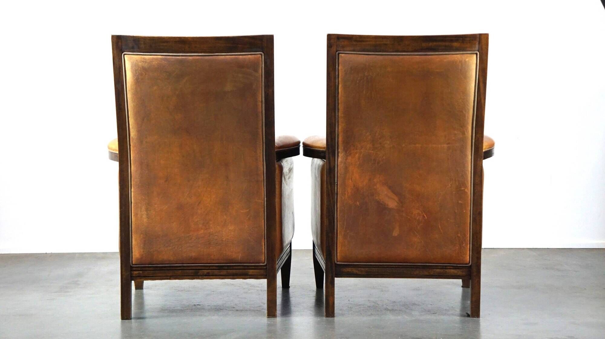 Vintage Art Deco Sheepskin High Back Armchair Set with Wood Finish