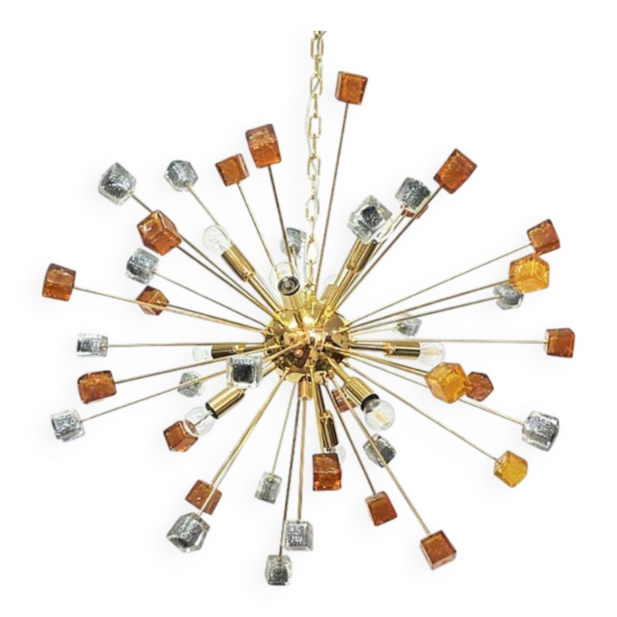 Contemporary Amber and Black Cubes Murano Glass Gold Sputnik Chandelier
