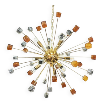 Contemporary Amber and Black Cubes Murano Glass Gold Sputnik Chandelier