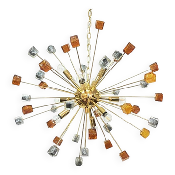 Contemporary Amber and Black Cubes Murano Glass Gold Sputnik Chandelier