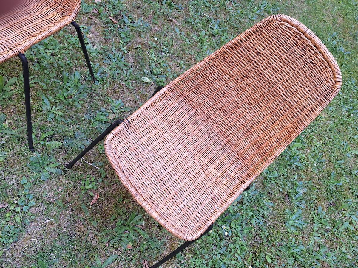 Pair of Legler rattan and metal dining / stacking chairs, Switzerland 1960s