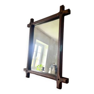 Rectangular brutalist mirror in solid wood, 1960