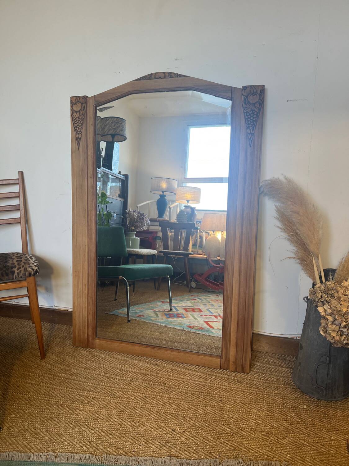 Large old art deco mirror in wood and beveled glass