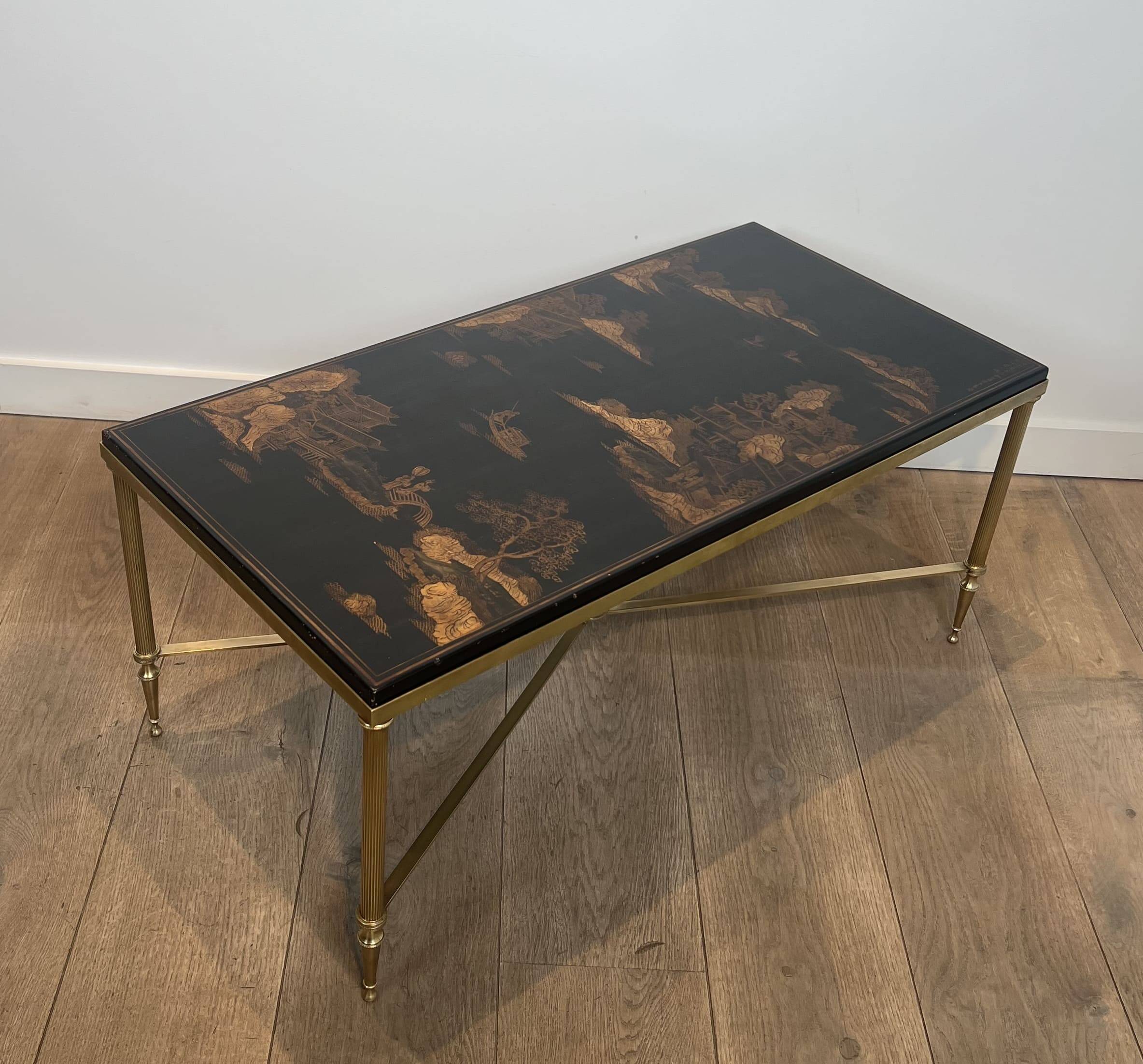 Neoclassical Brass Coffee Table with Lacquered Top Representing