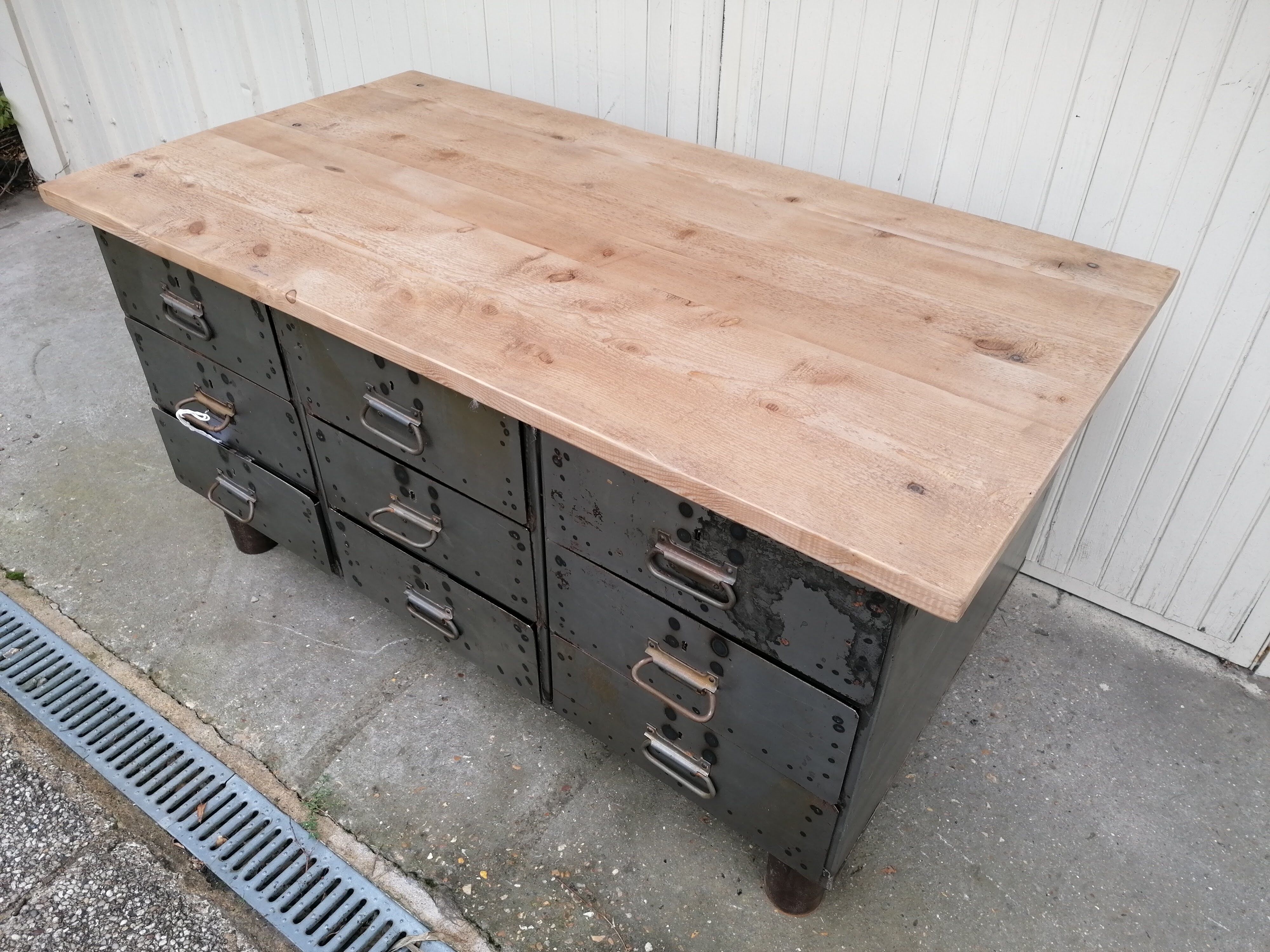 Antique workshop workbench, vintage, metal and wood