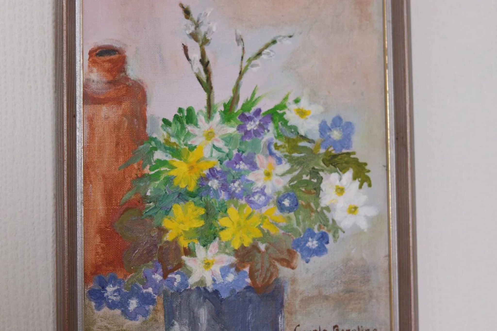 Huile sur toile originale suédoise – « Vase de fleurs » par Carola Bergling