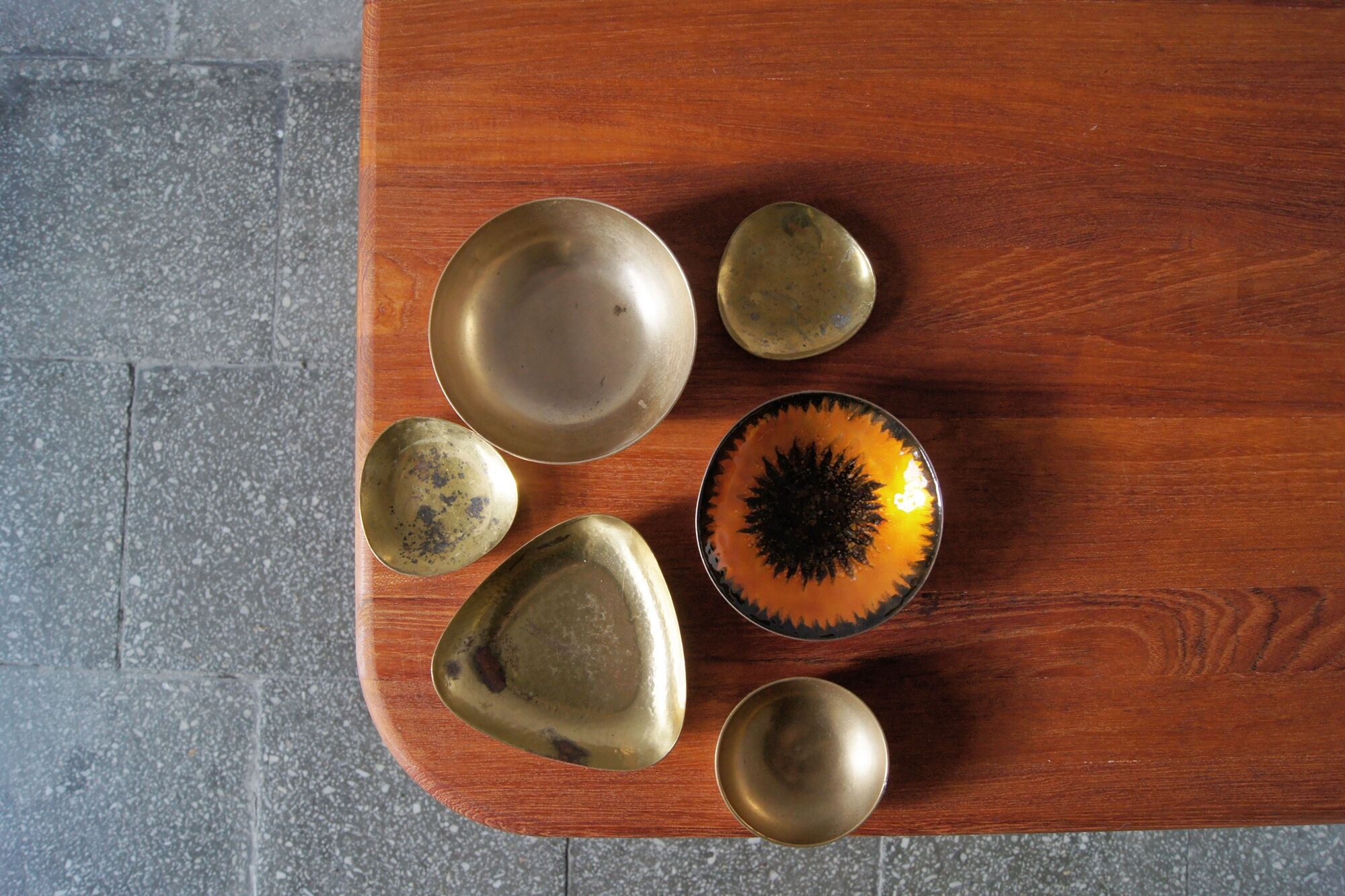 Vintage brass & enameled plates, set of 6