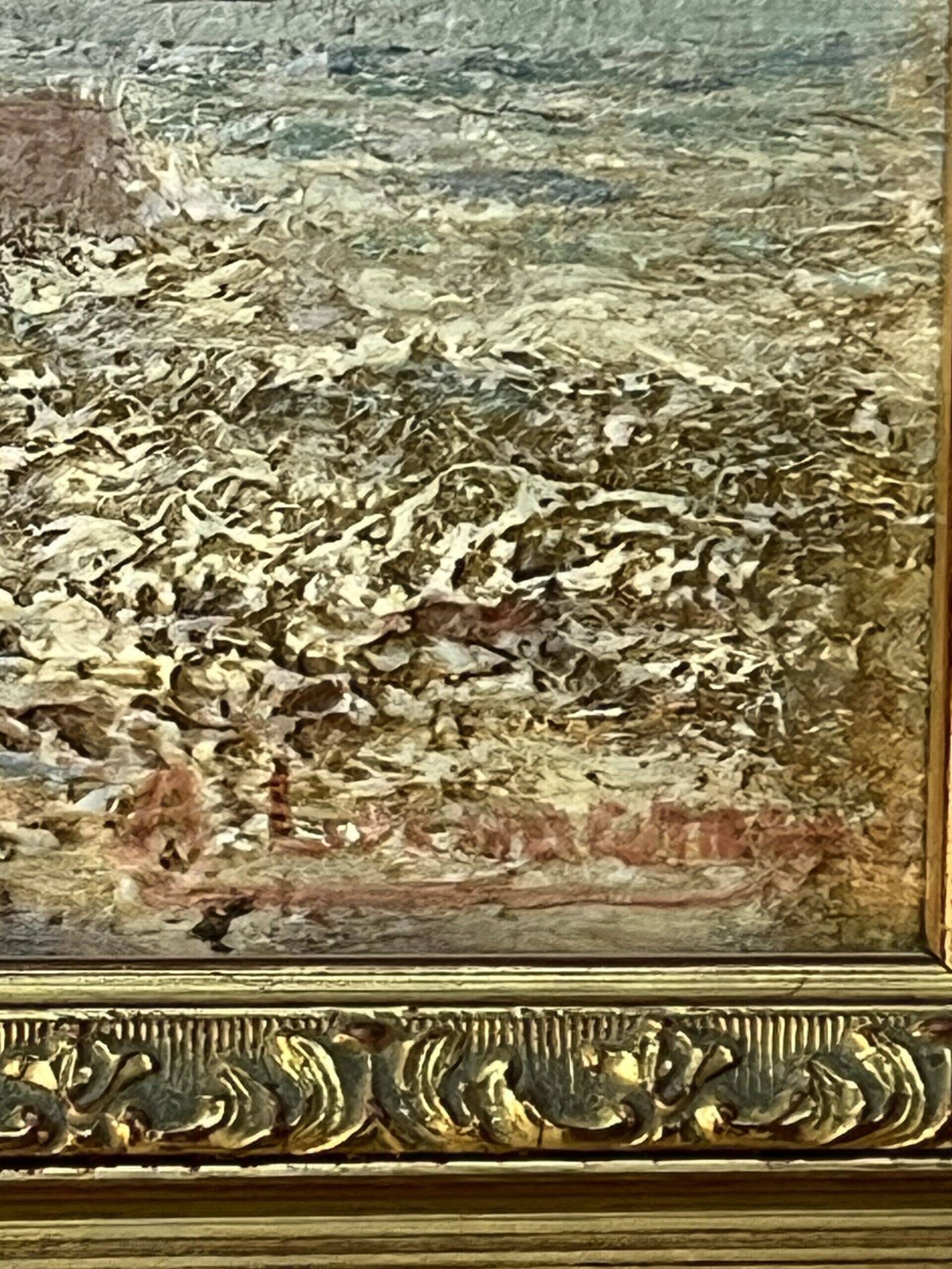 A. Laemmermann, oil painting on cardboard depicting a rocky landscape.