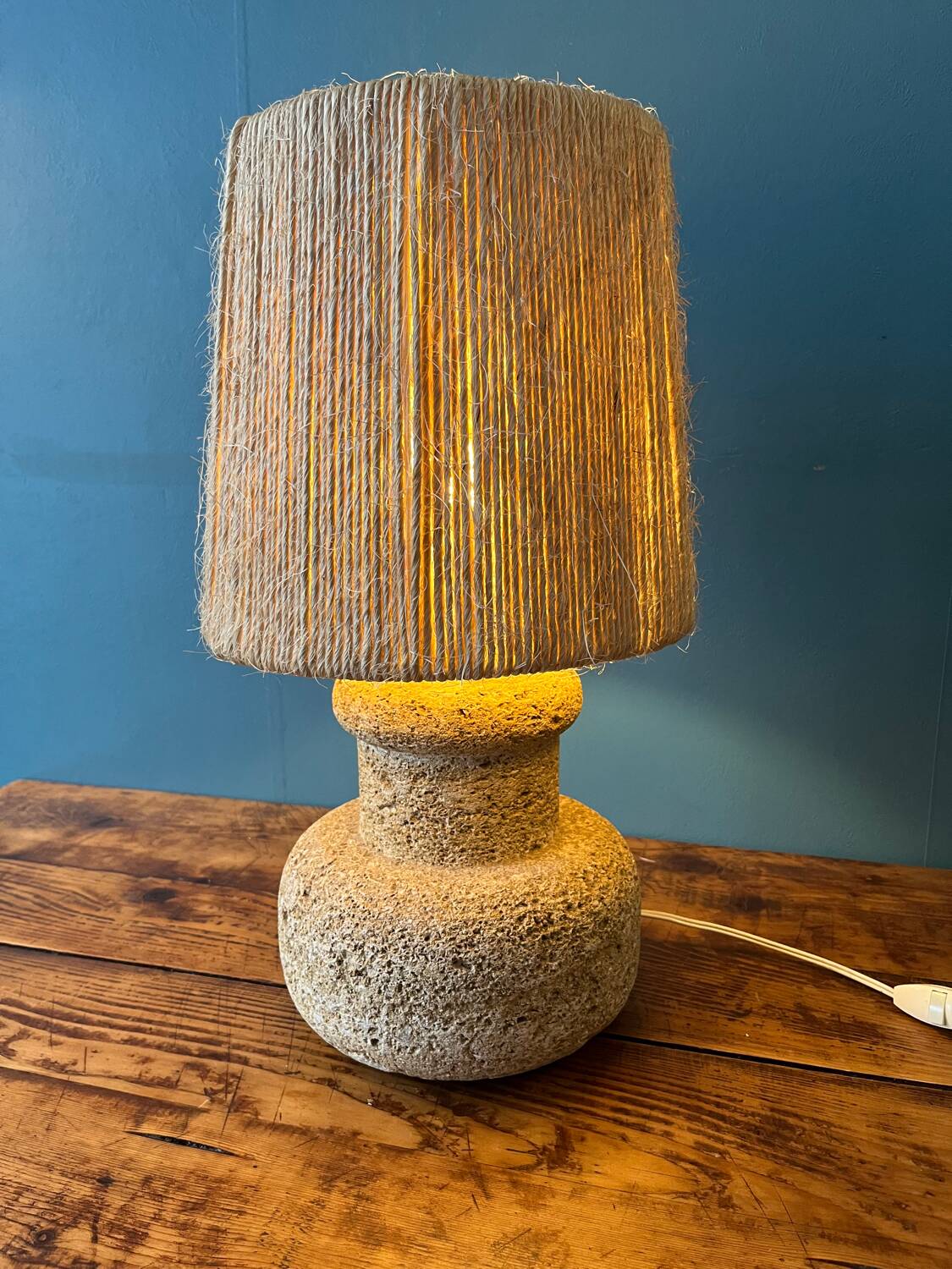60s lamp in stone with artisanal rope shade