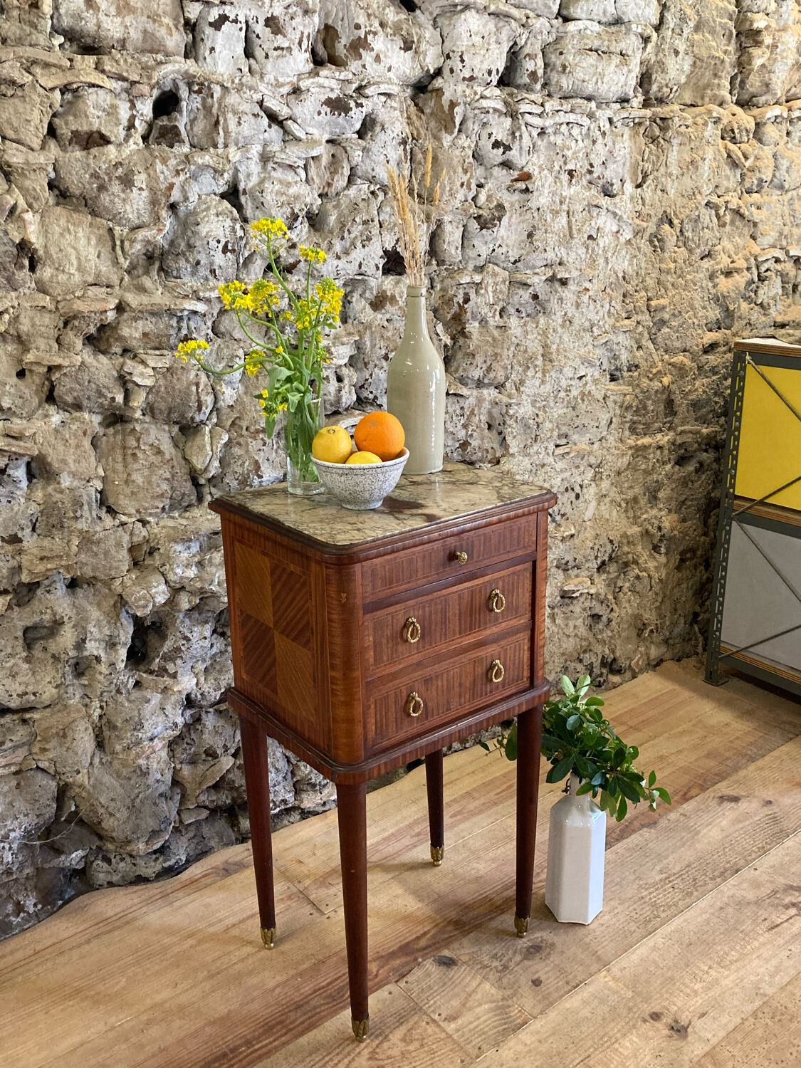 Louis XVI bedside in antique exotic wood marquetry / or harness