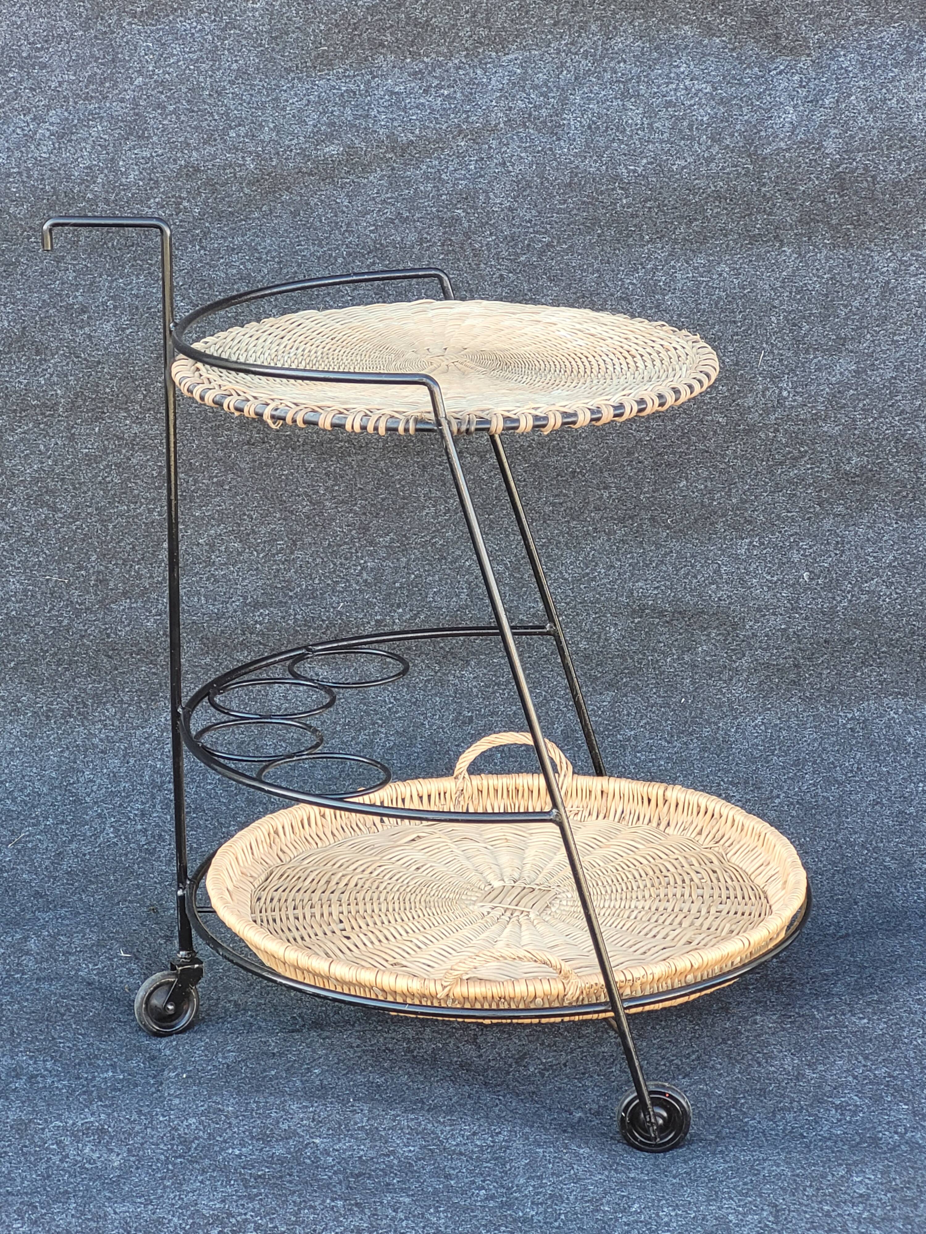 French iron and wicker bar cart from the 1950s