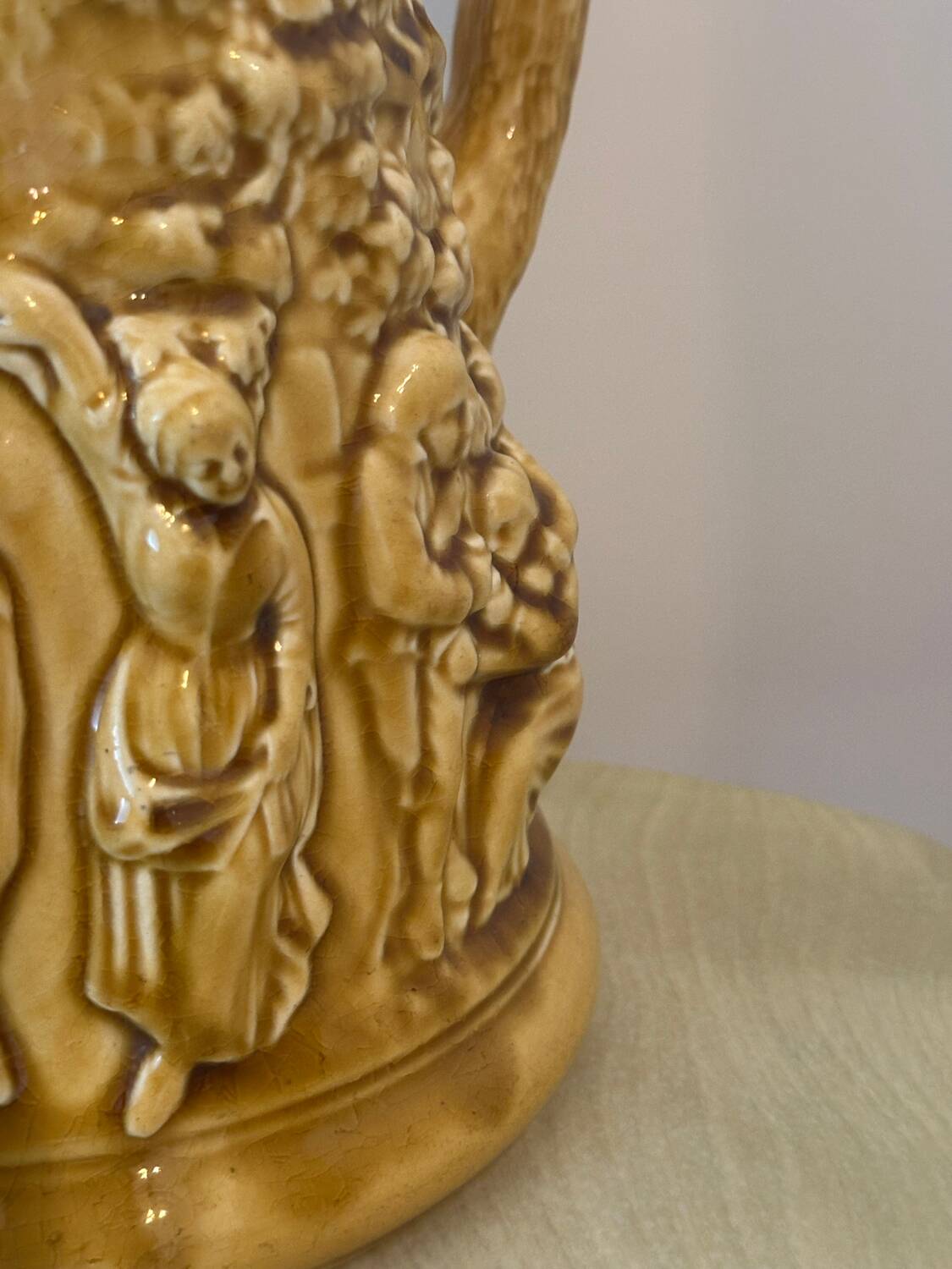 Old large Sarreguemines Majolica earthenware pitcher, vintage slip