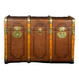 19th Century Travel Trunk, leather, cardboard, wood, brass