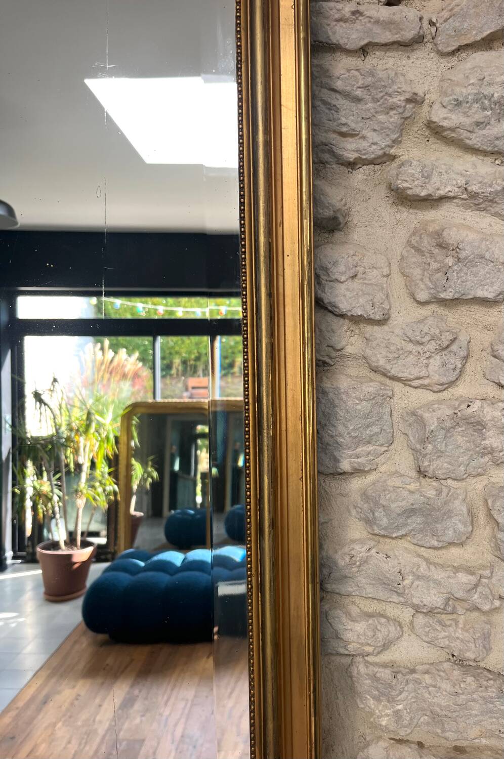 Antique mirror, 238.5/51cm, between two panes, with gilded pediments and gold leaf