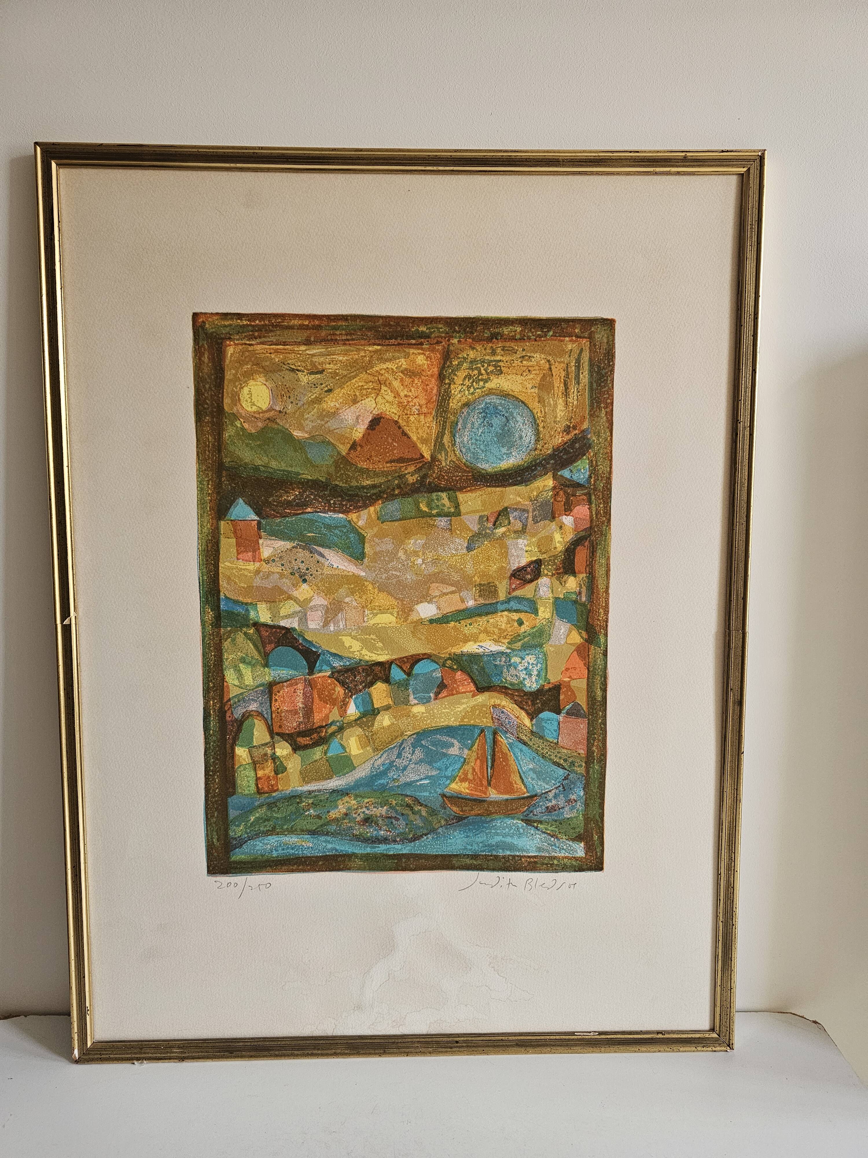Lithographic table stylised figurative composition sailing boat Judith Bledsoe