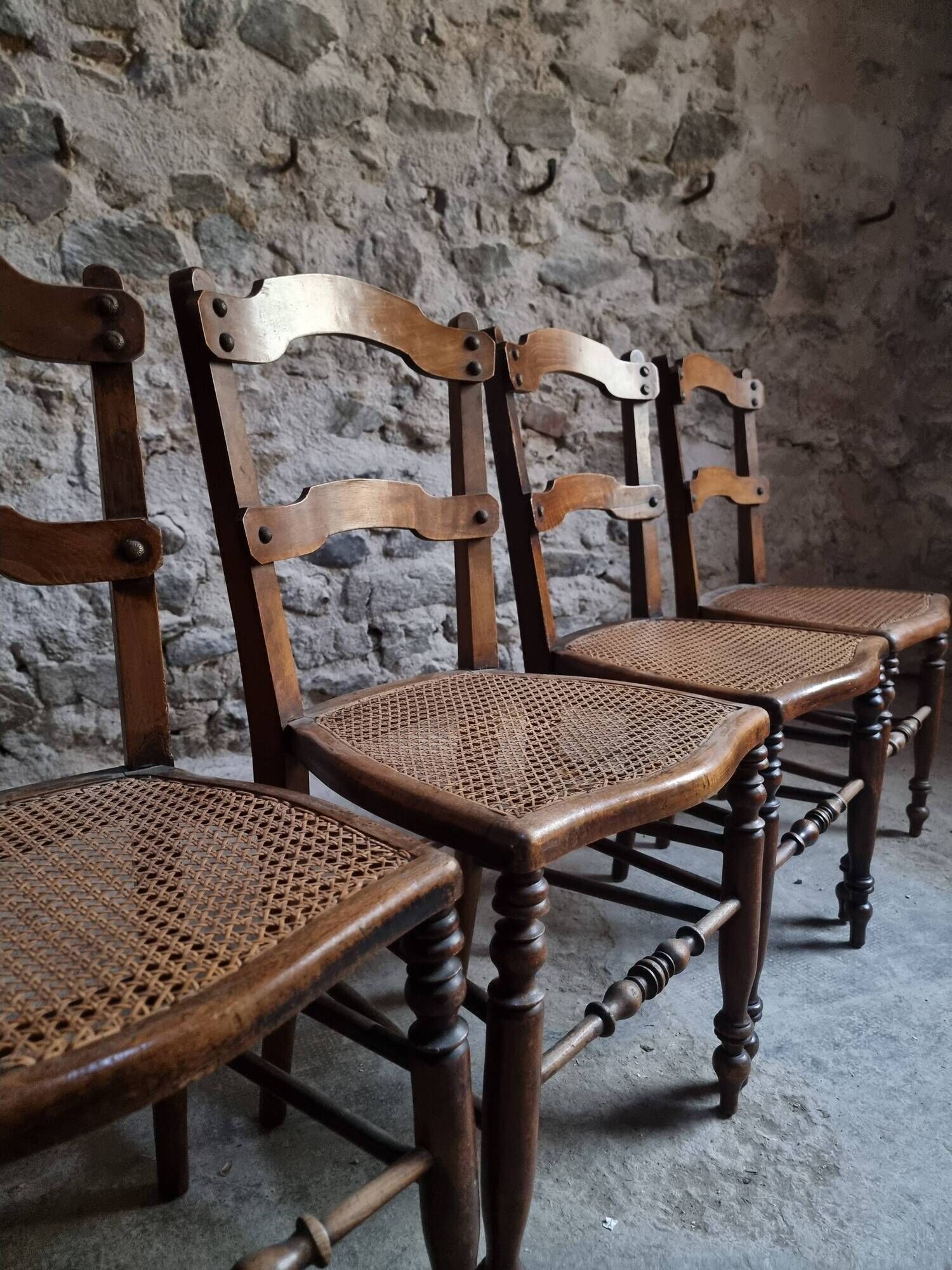 Set of 4 antique dining chairs with caned seats, beech, France, circa 1900–1920.