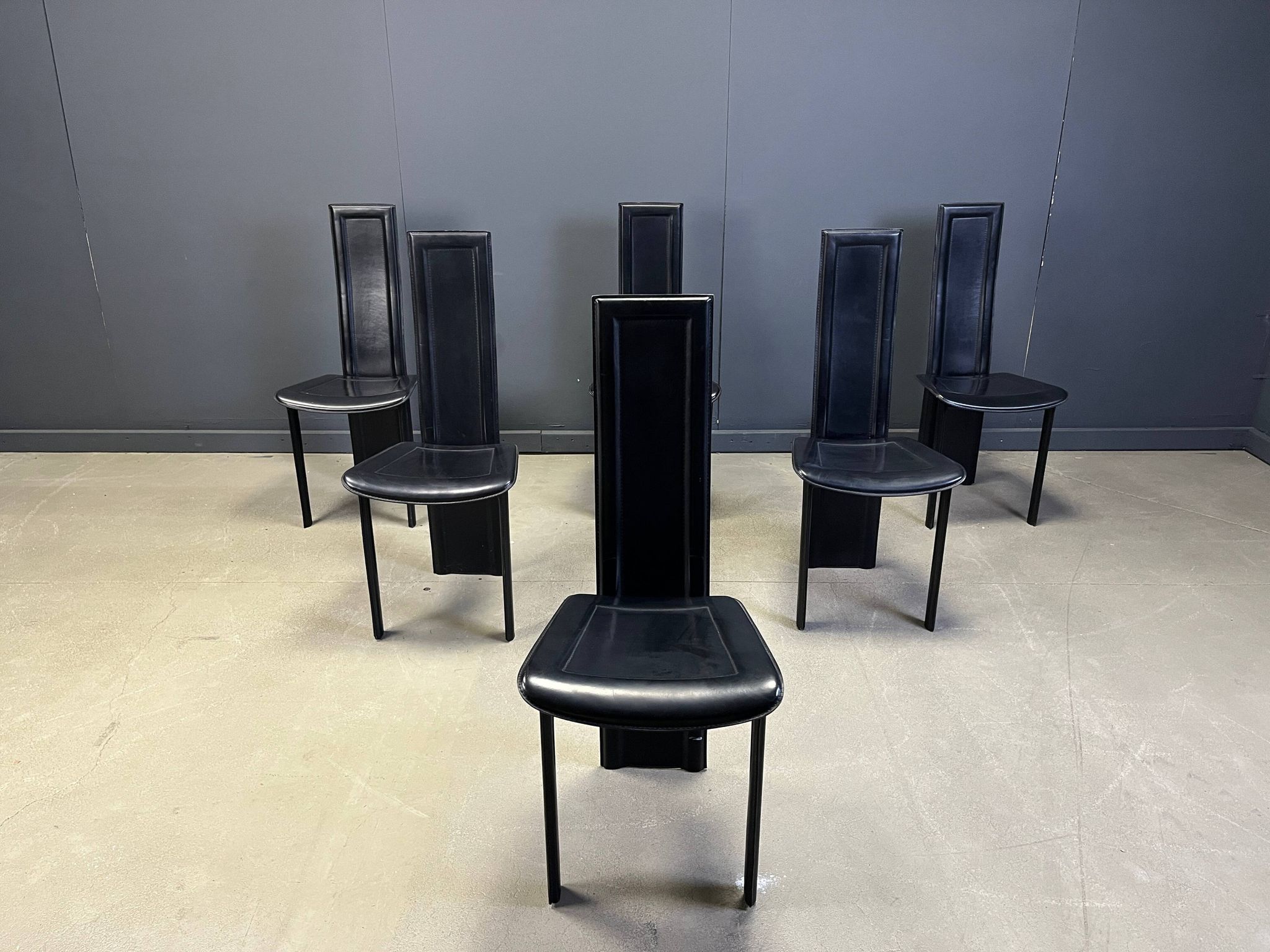 Vintage black leather dining chairs, set of 6, 1980s