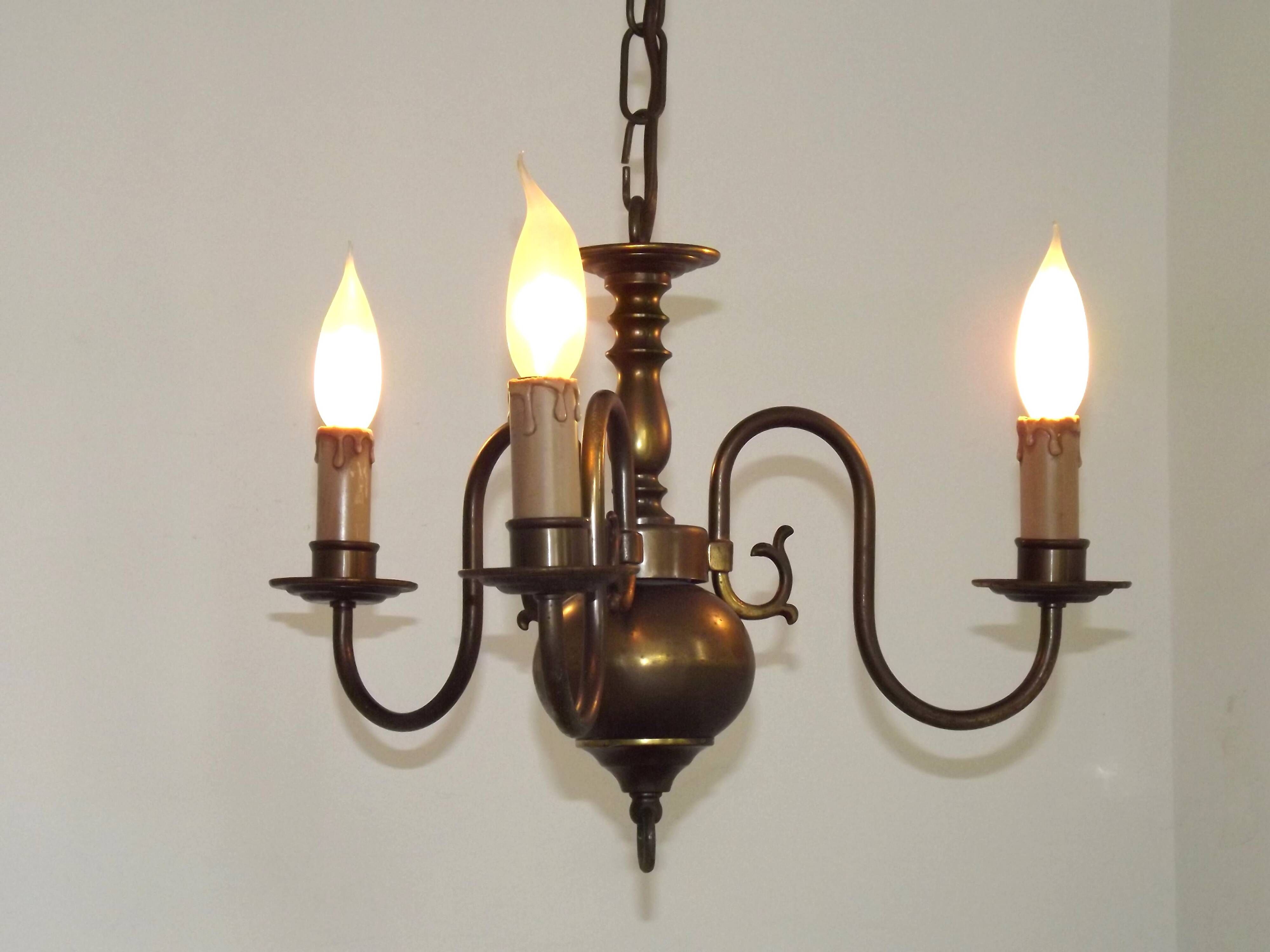 French Vintage Old Aged Bronzed Metal 3 Light Flemish Style Chandelier 4804