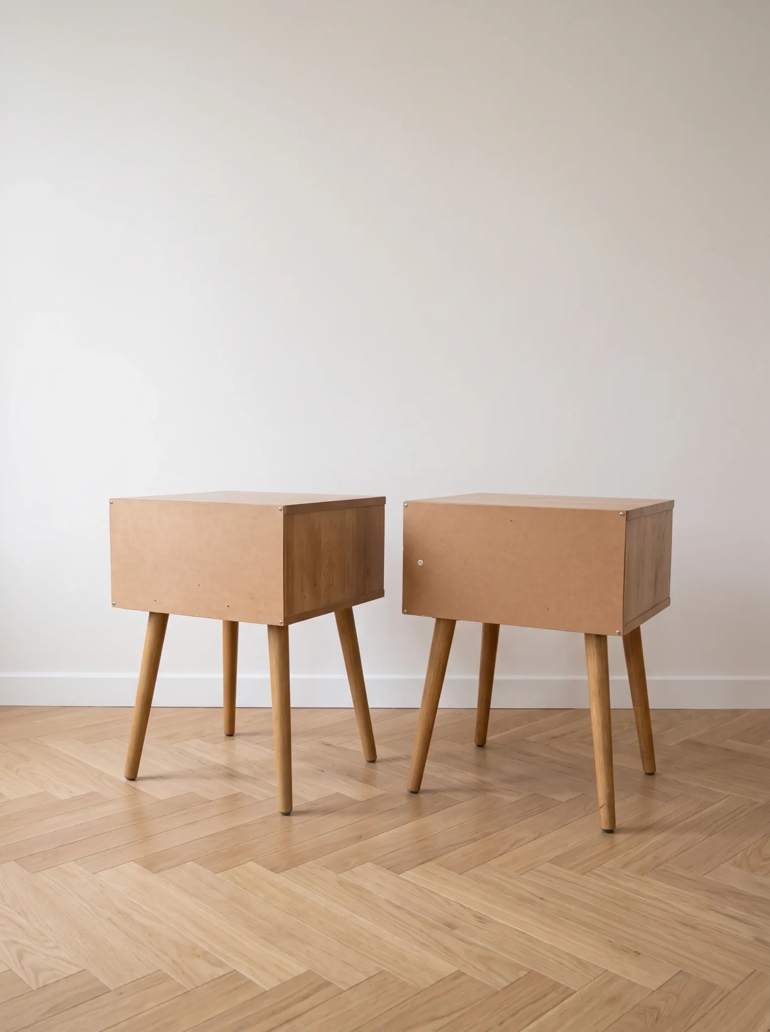 Pair of wooden and cane bedside tables, 1950s