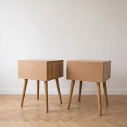 Pair of wooden and cane bedside tables, 1950s