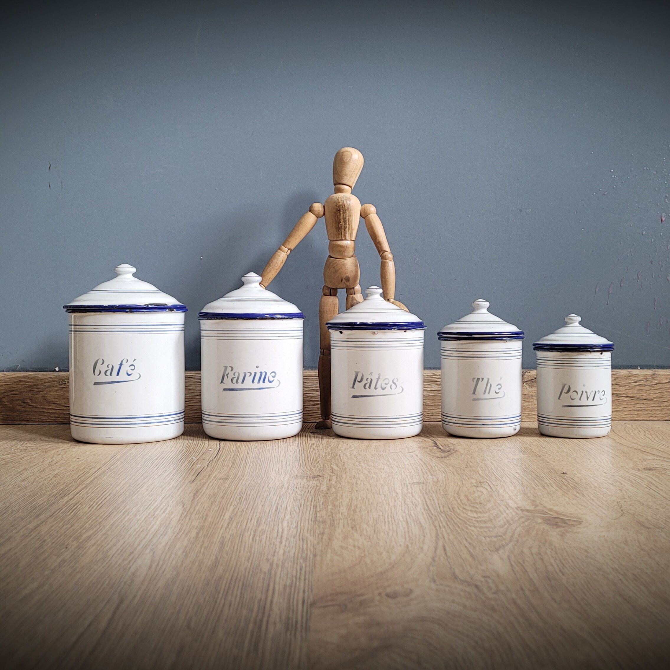 Set 5 pots kitchen white and blue