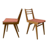 Pair of vintage chairs in solid wood with terracotta fabric seats