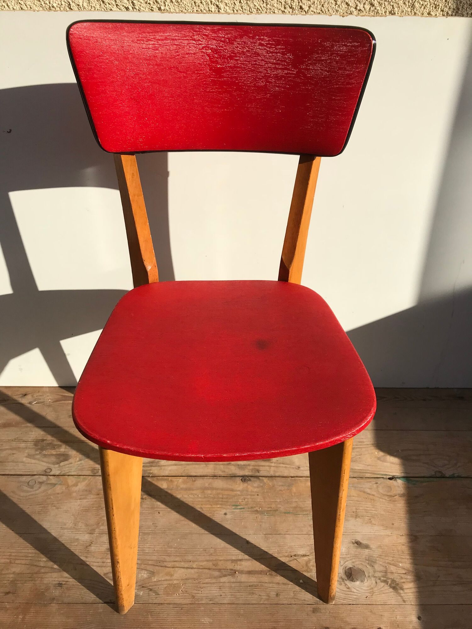 Old wood & vinyl red 60s vintage scandinavian chair