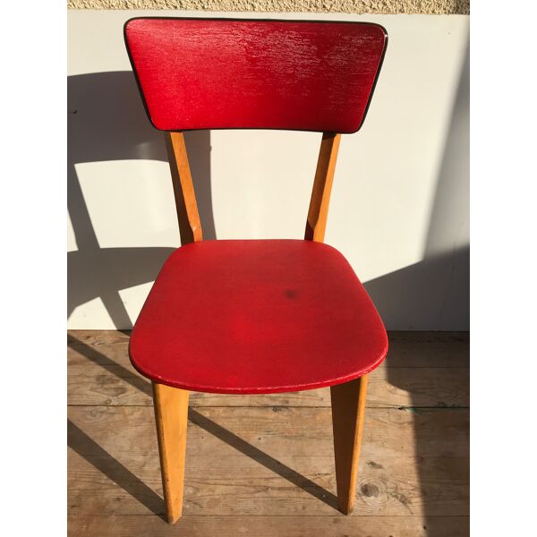 Ancienne chaise scandinave bois & vinyle rouge années 60 vintage | Selency