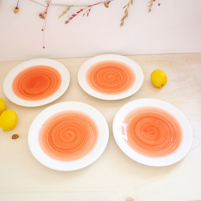 4 plates signed ceramiche italia white and coral round decoration
