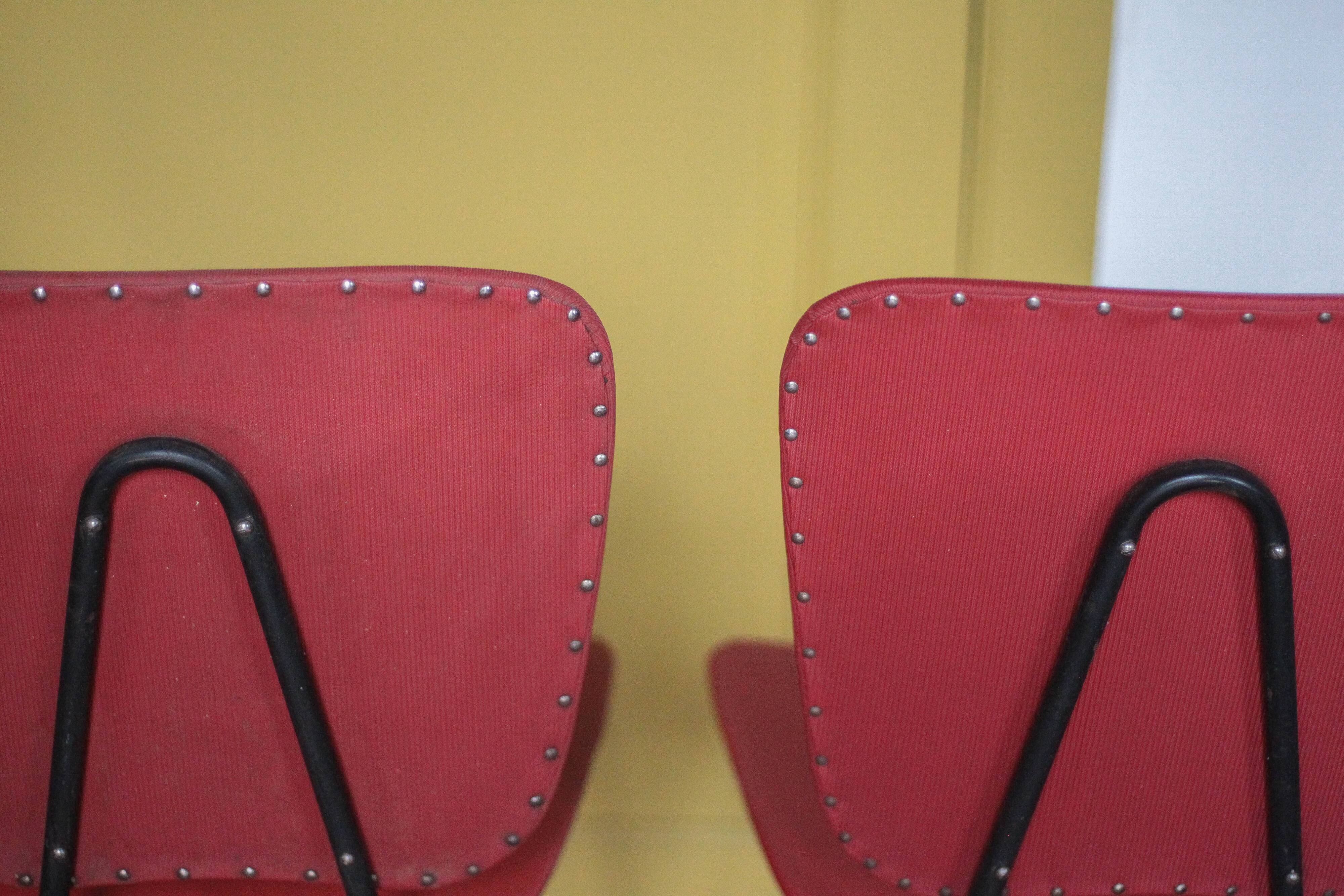Pair of wooden and faux leather chairs from the 1950s, vintage chairs, retro.