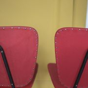 Pair of wooden and faux leather chairs from the 1950s, vintage chairs, retro.
