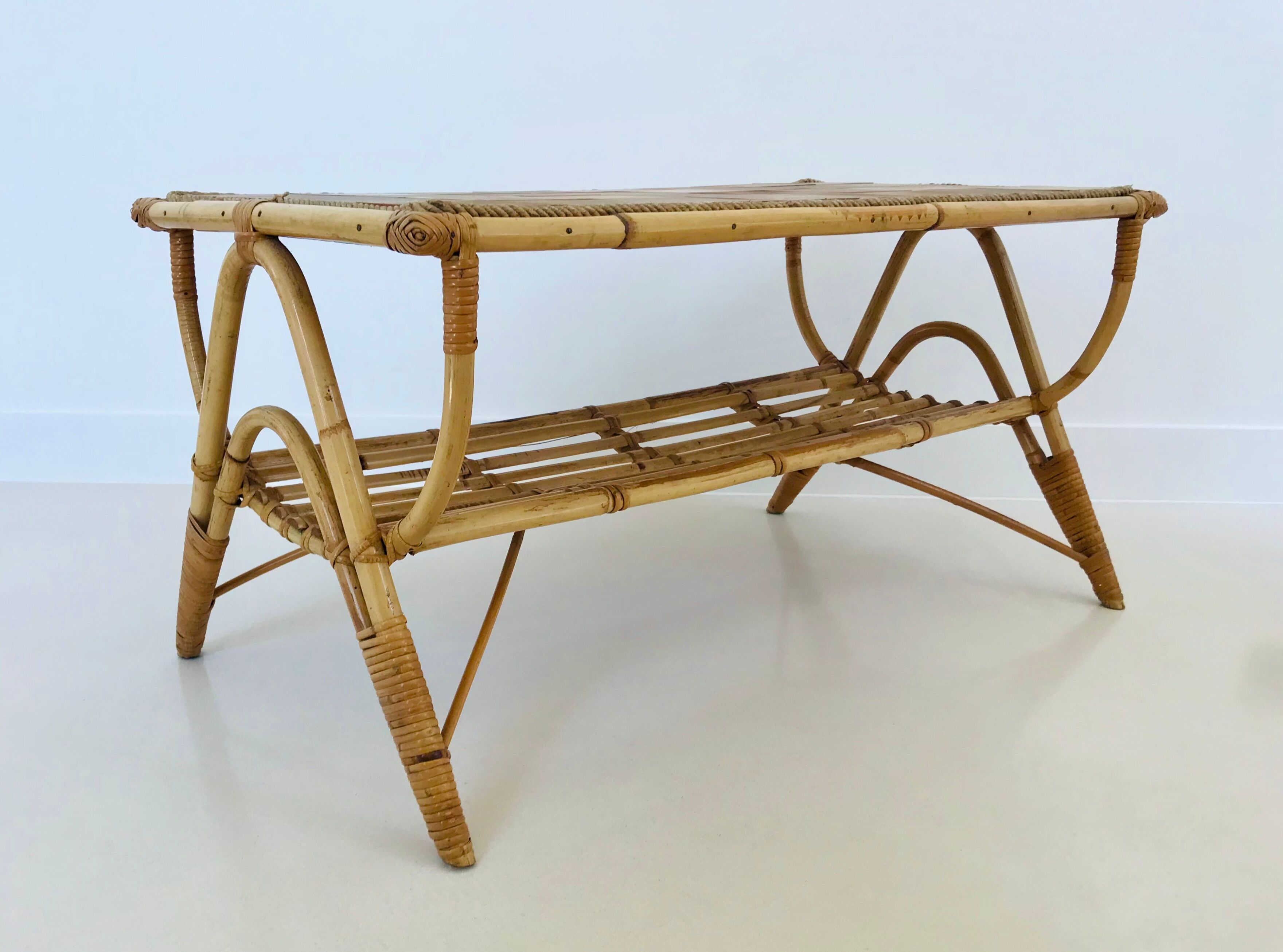 Rattan coffee table and ceramic tiles, France 60s