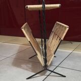 Magazine rack in the style of Raoul Guys, rattan and iron structure, vintage 1950s