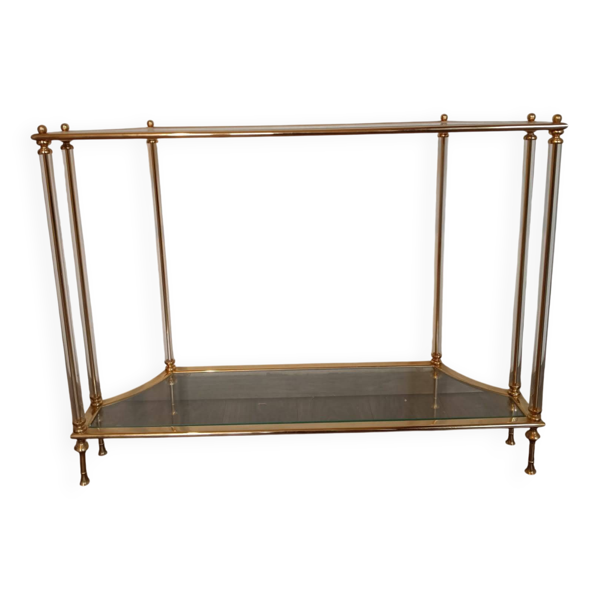 Console "Hollywood Regency" en laiton, plexiglas et verre, circa 1970