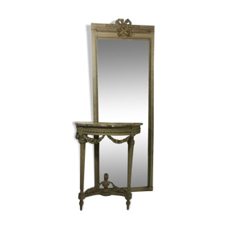 Console ancienne style Louis XVI/ miroir en bois et dessus marbre brêche