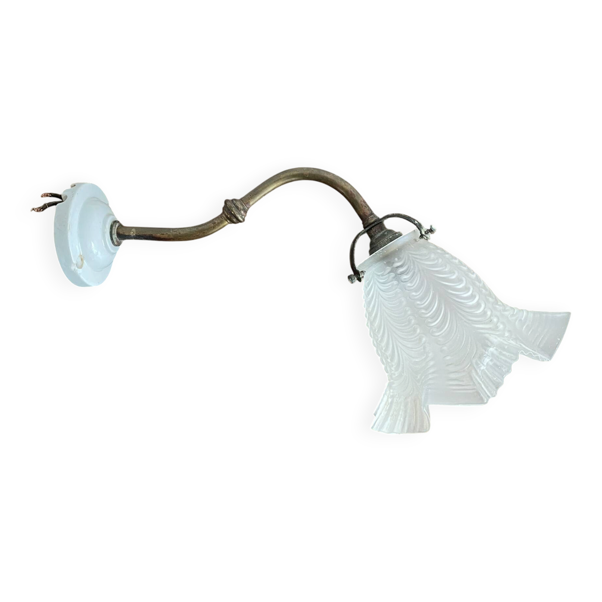 Antique swan neck wall light in brass and porcelain with a glass shade.