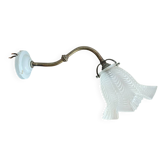 Antique swan neck wall light in brass and porcelain with a glass shade.
