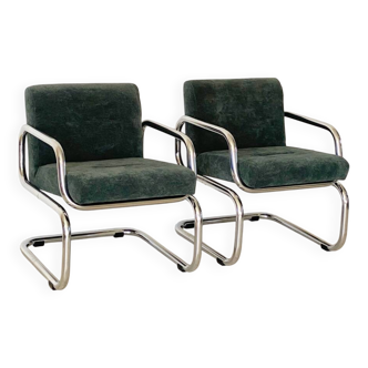 2 chrome metal armchairs with vintage fabric