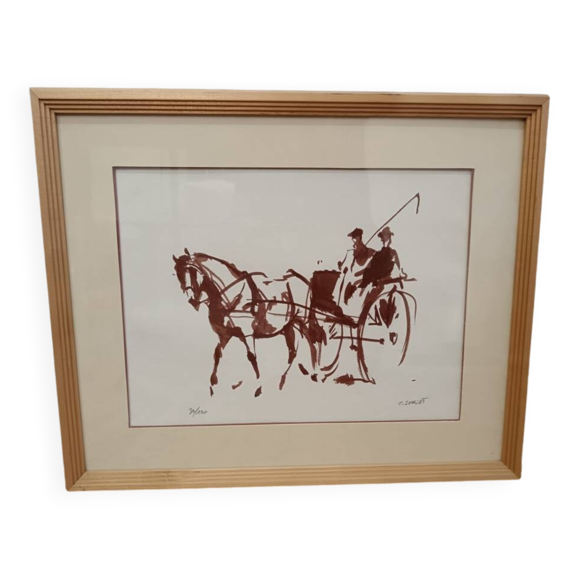 Frame and original and numbered watercolor by C. Spriet Horse and carriage