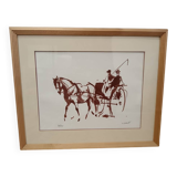 Frame and original and numbered watercolor by C. Spriet Horse and carriage