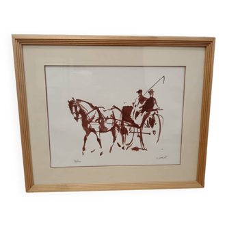 Frame and original and numbered watercolor by C. Spriet Horse and carriage