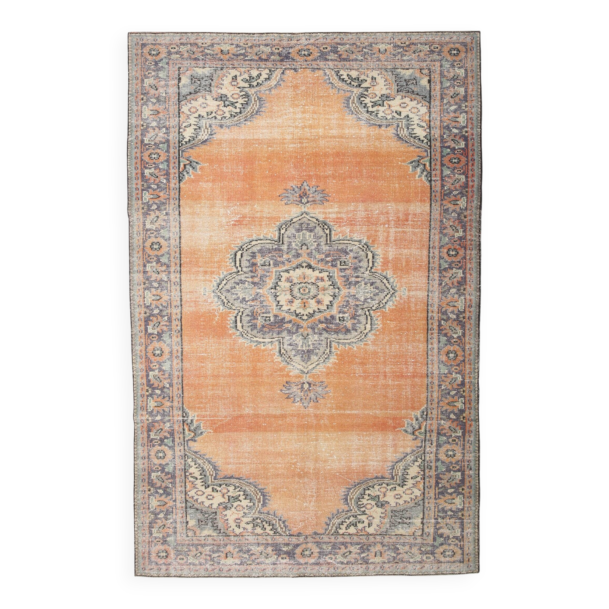 6x9 Antique Vintage Orange & Greeb Turkish Rug, 182x286Cm