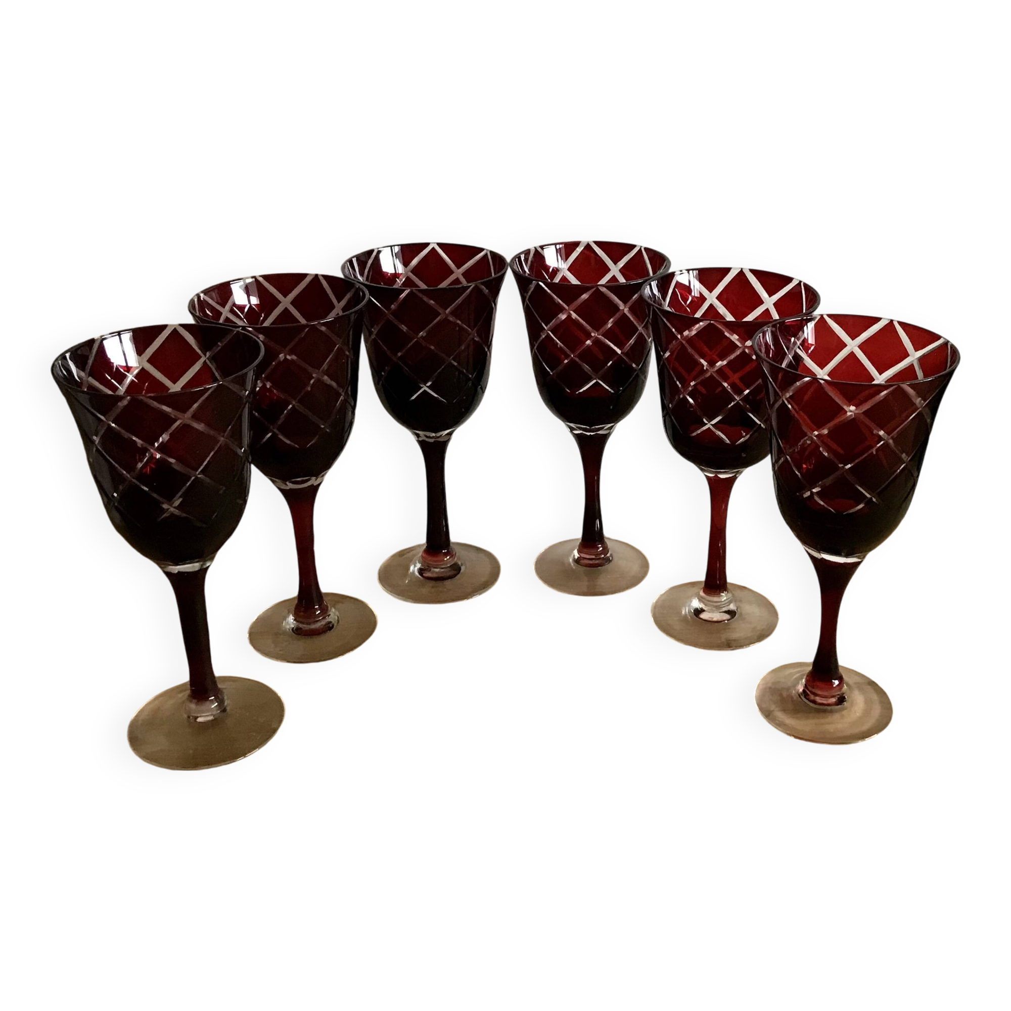 6 red italian cut glass wine glasses