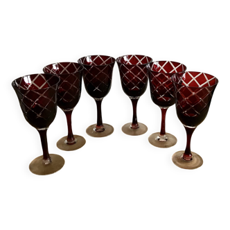 6 red italian cut glass wine glasses