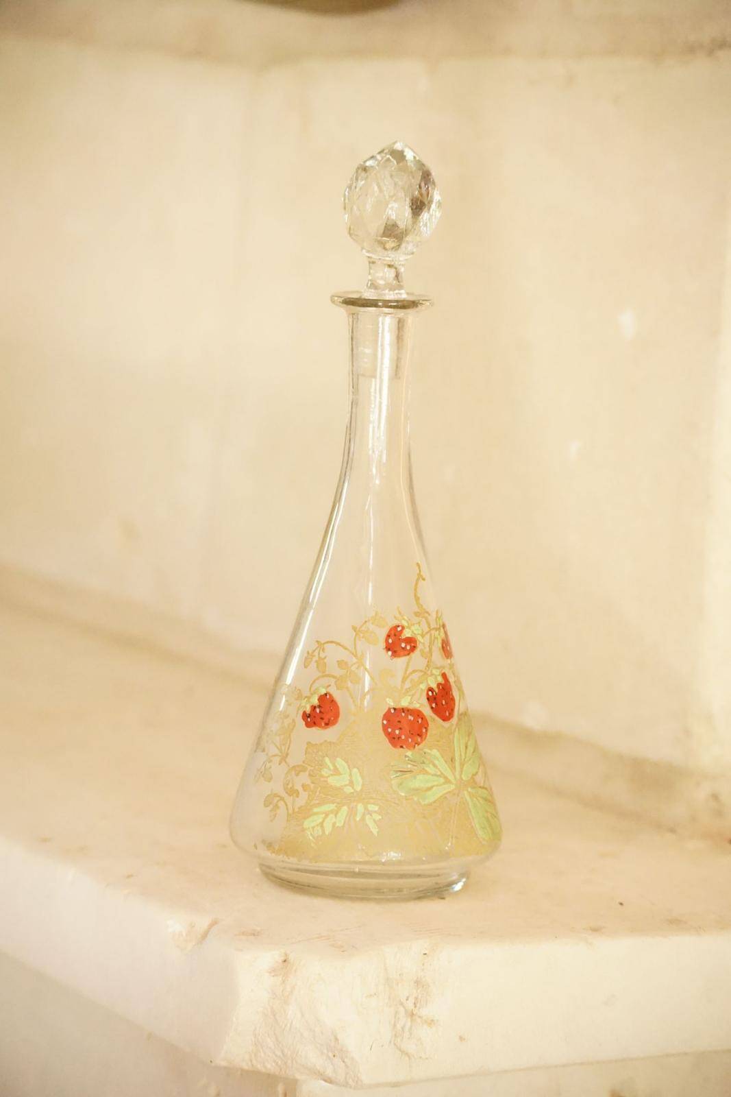 Legras (late 19th century) strawberry enamelled glass liqueur carafe.