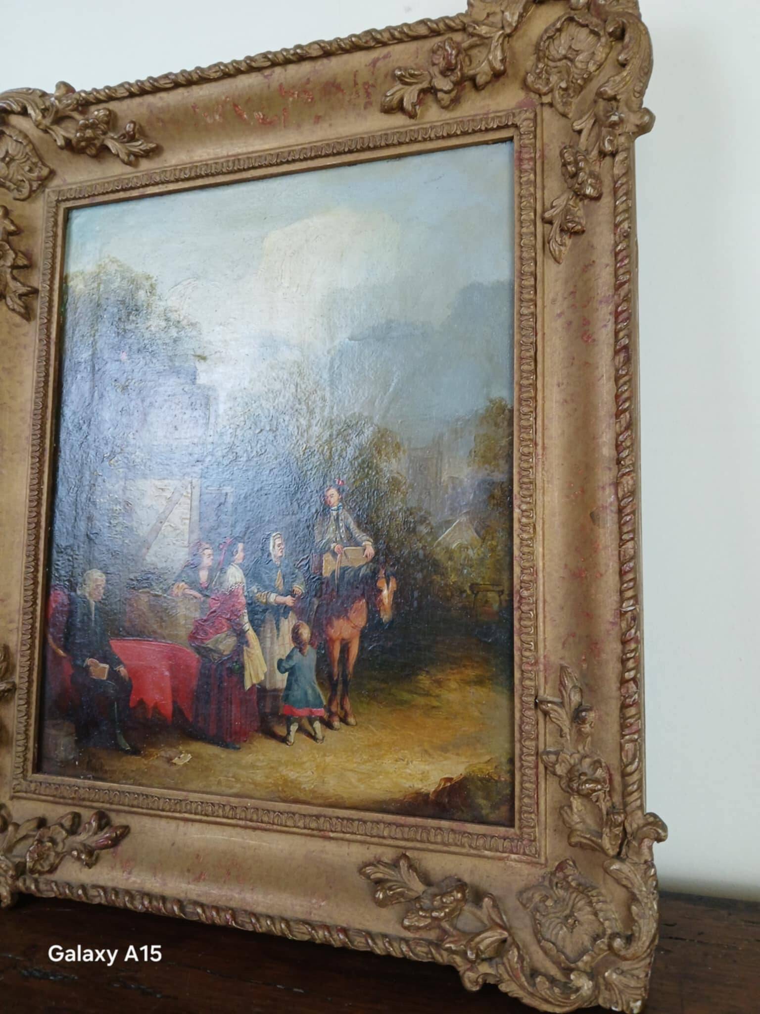Oil on panel depicting a lively bourgeois scene
