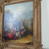 Huile sur panneau figurant une scène bourgeoise animée