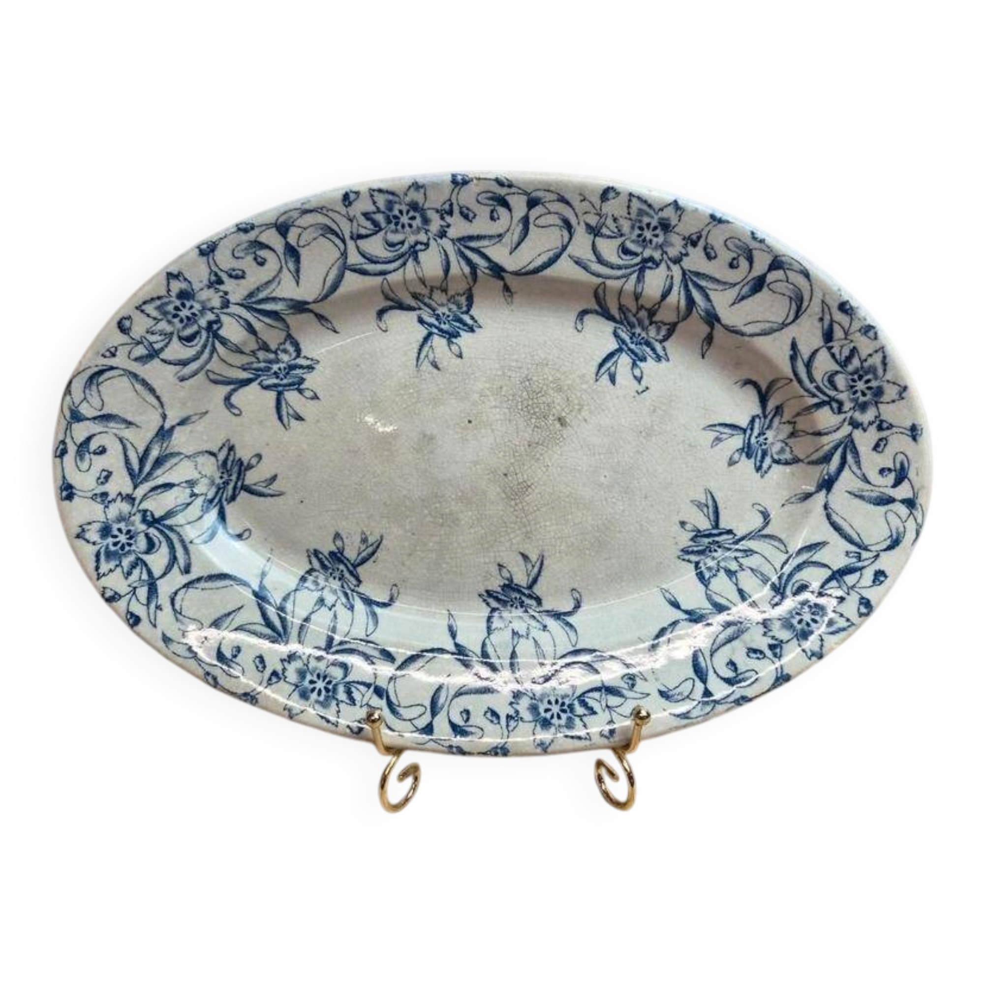 Antique oval plate, blue ironstone with floral decoration – 34 cm