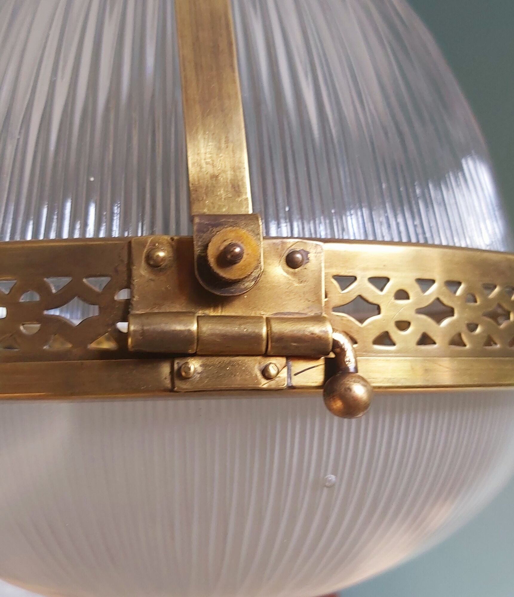 Holophane pendant lamp in prismatic glass and brass, 1920s-30s