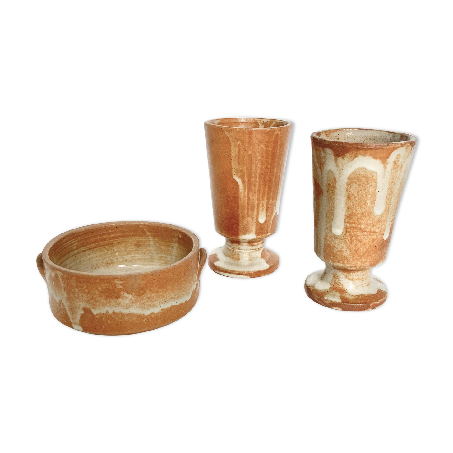 Two vintage stoneware cups and sugar bowl